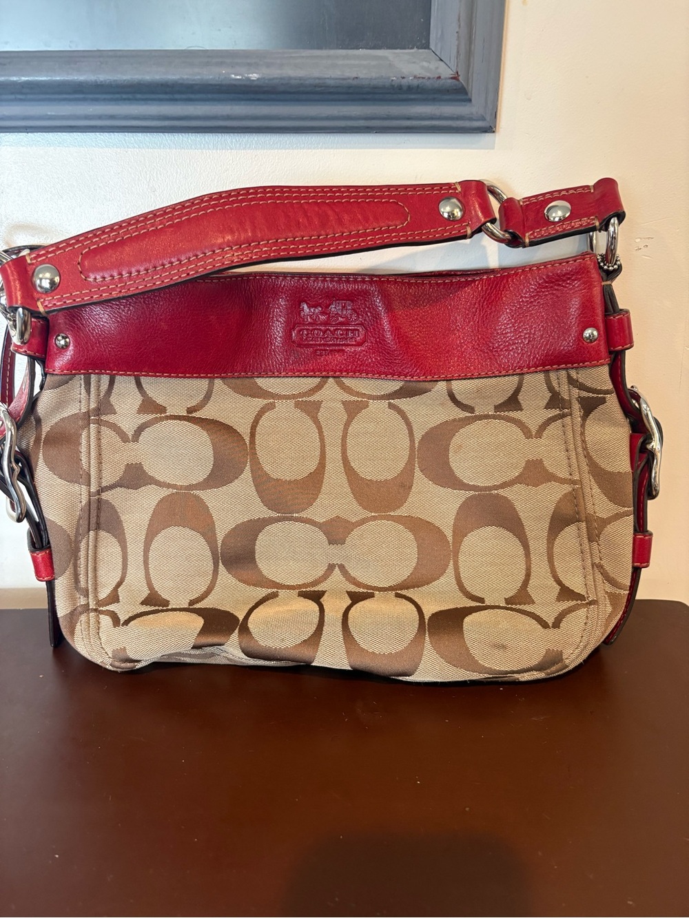 Y2K Vintage Coach Beige Signature Hobo Zoe Shoulder Bag Red Leather Trim Purse